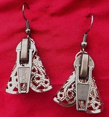 Silver Tone Moth Steampunk Zipper Earrings, Handcrafted Upcycled Insect Jewelry, Entomologist Gift - image1